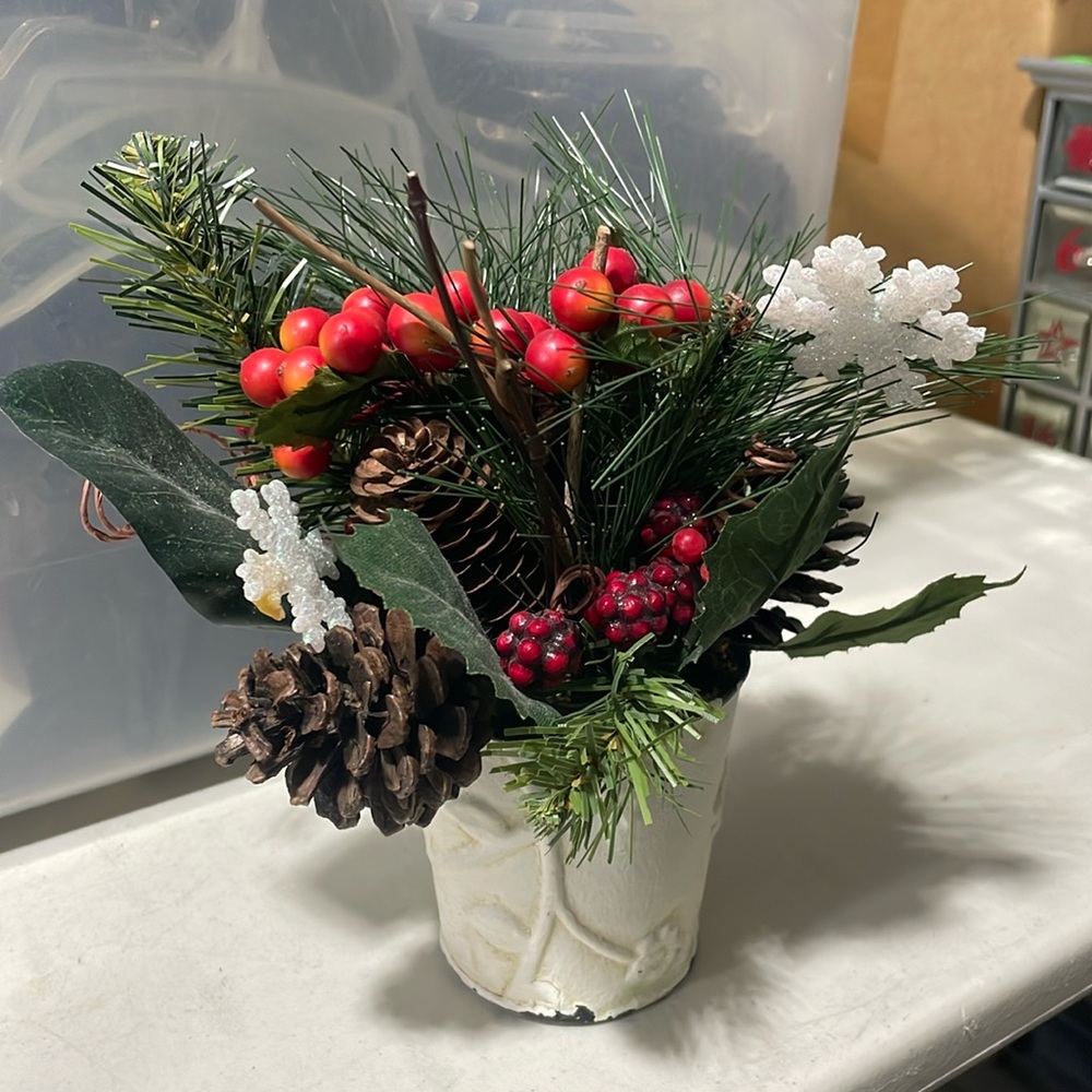 Holiday Christmas Faux Berries Pine Arrangement Potted Faux Artificial